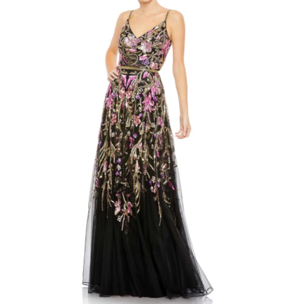 Mac Duggal Black Gown with Pink and Gold Floral Embroidery
